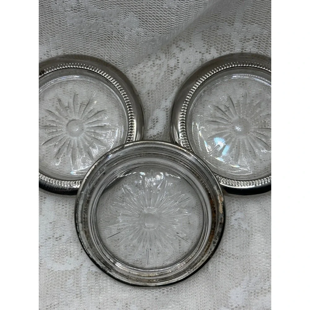 Vintage Silver Plated Glass Coasters Set of 3 Starburst Sunburst Italy Barware
